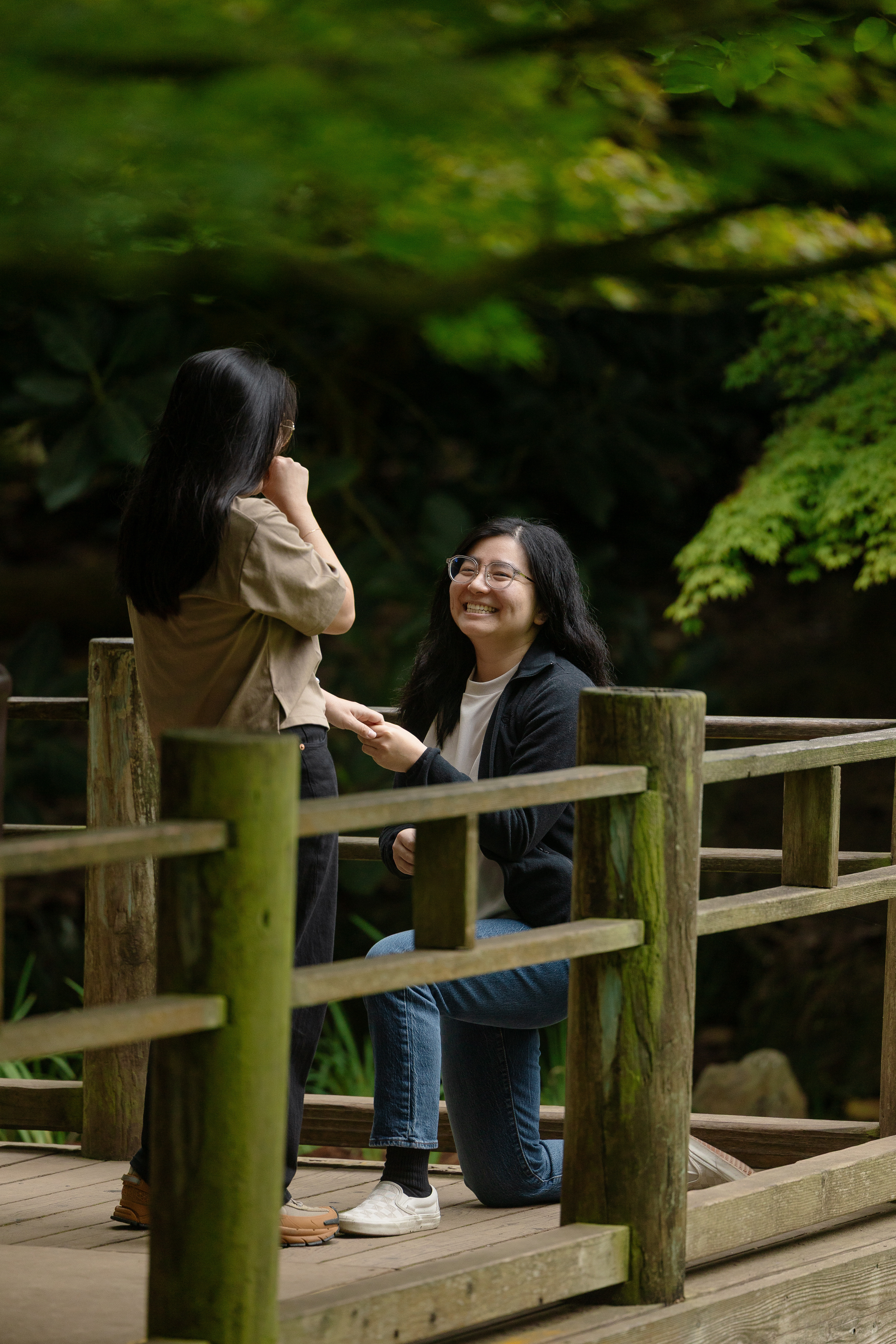 Proposal at Moonview Garden photographed from a second angle with a telephoto lens on an overcast day