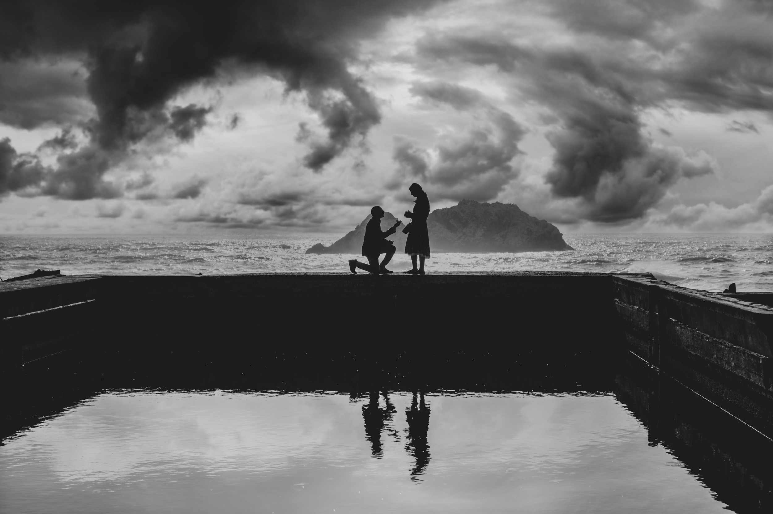 Proposal at Sutro Baths in San Francisco with dramatic coastal scenery